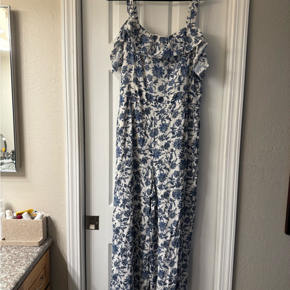 LOFT Navy and White Floral Jumpsuit